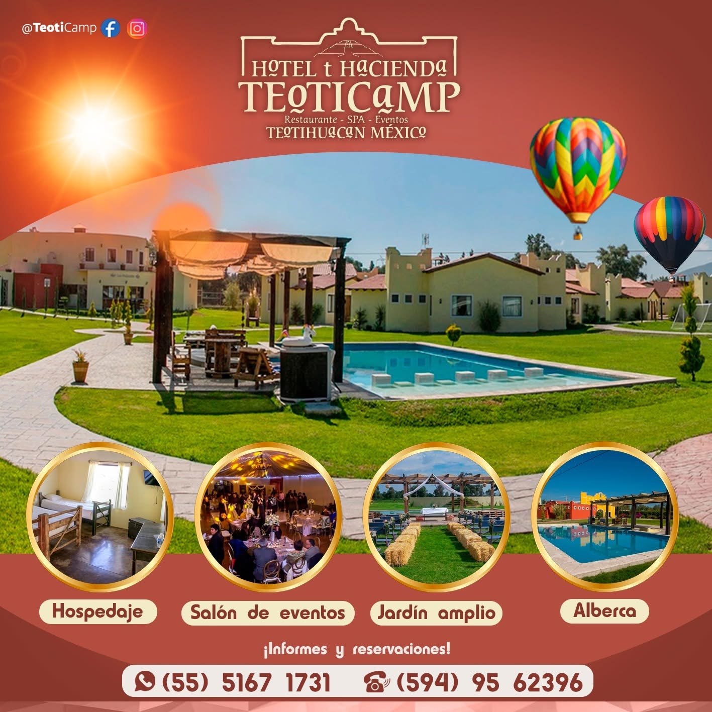 Instalaciones con jardín, alberca y áreas de hospedaje de Teoticamp